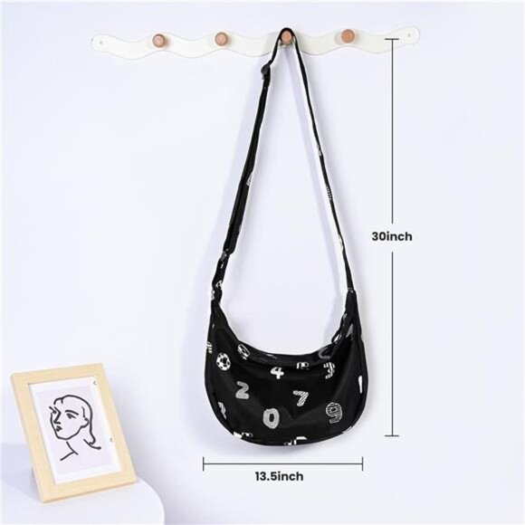 Mini Crescent Bag with Adjustable Strap, 2 Zippers Lightweight Nylon Bag - Black - Picture 5 of 6